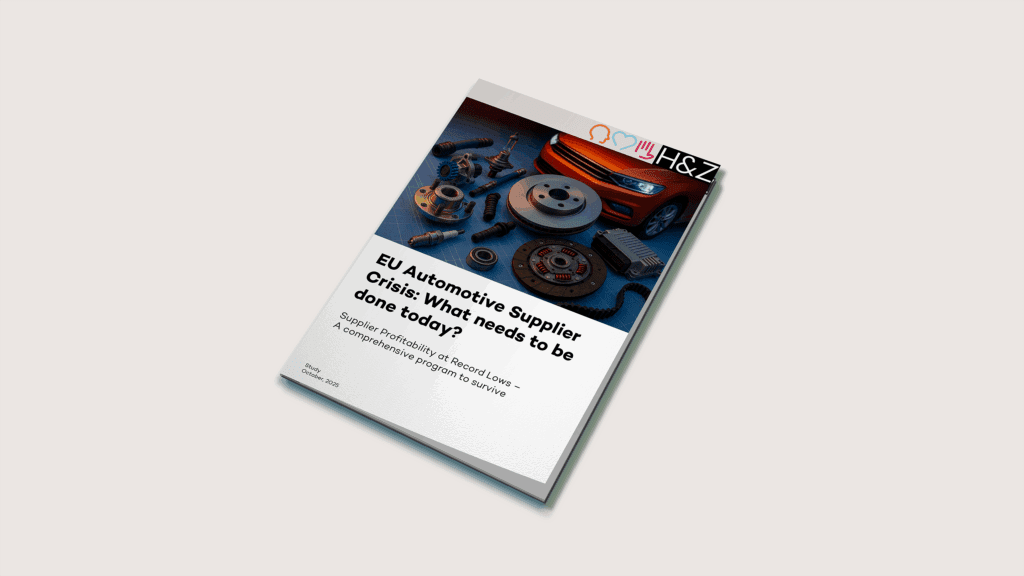 Report cover mockup titled "EU Automotive Supplier Crisis: what needs to be done today?" featuring various automotive parts like gears and tools, representing a white paper on supplier profitability and crisis management in the European automotive industry