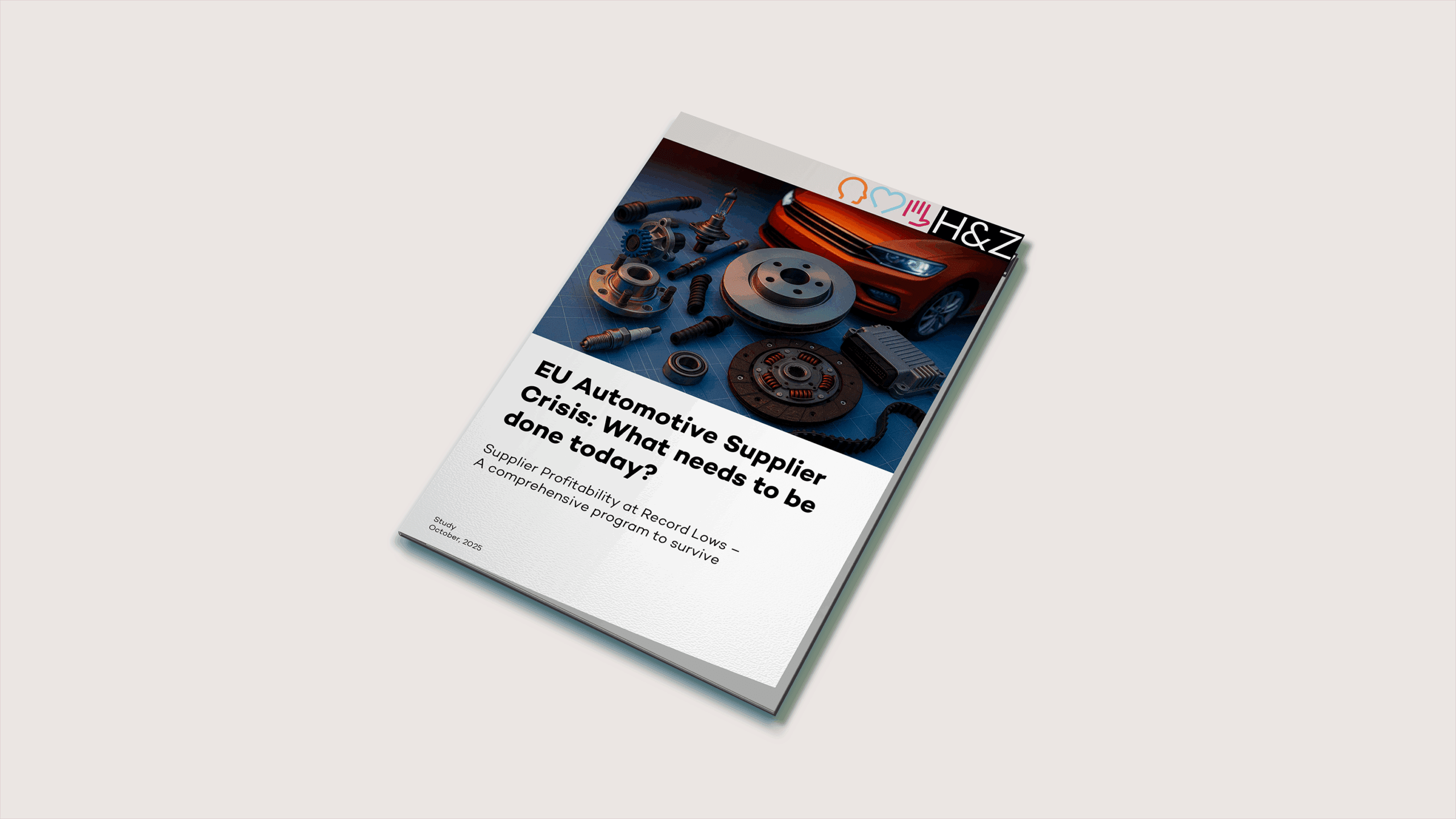 Report cover mockup titled "EU Automotive Supplier Crisis: what needs to be done today?" featuring various automotive parts like gears and tools, representing a white paper on supplier profitability and crisis management in the European automotive industry