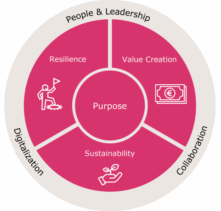 Circular infographic highlighting People & Leadership, Value Creation, Collaboration, Digitalization, Sustainability and Resilience around a central 'Purpose' for consulting strategy