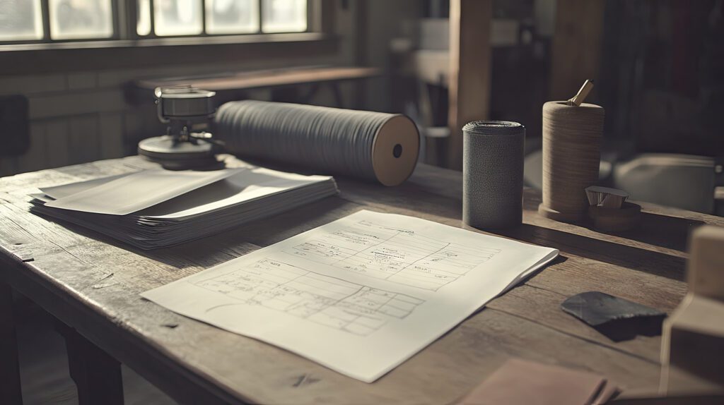 Blueprints and raw materials on a workshop table representing material cost calculation, resource planning, and strategic manufacturing consulting