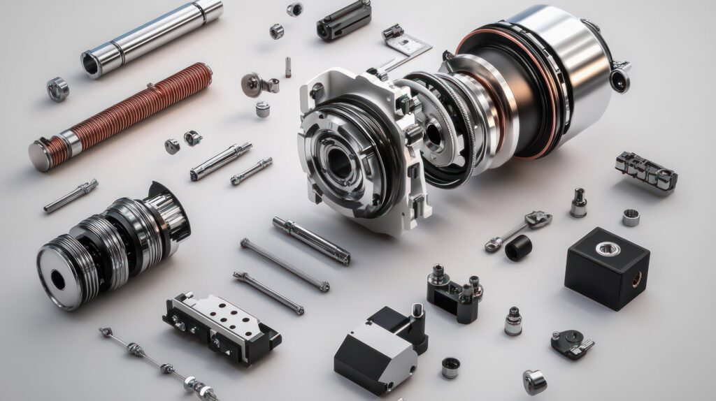 Various mechanical components and disassembled machine parts laid out neatly, representing technical breakdown, precision engineering and industrial consulting
