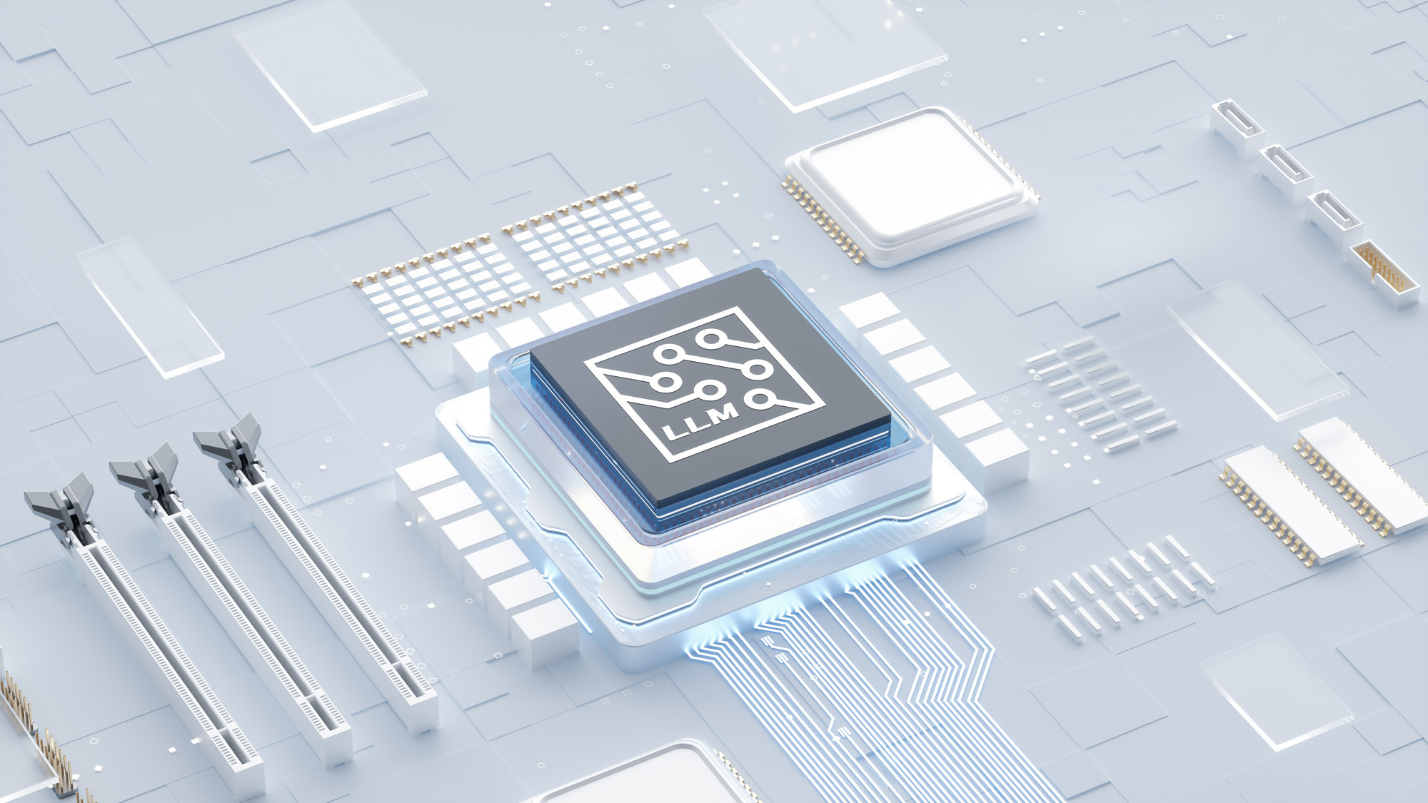 Futuristic microchip labeled LLM integrated into a circuit board representing large language models, AI innovation, and digital consulting solutions
