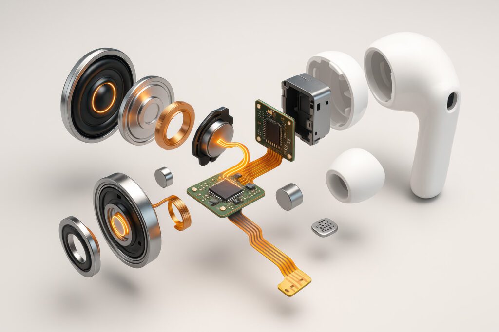Exploded view of a wireless earbud showing circuit board, speaker, and components representing detailed product design and technological innovation in consulting projects