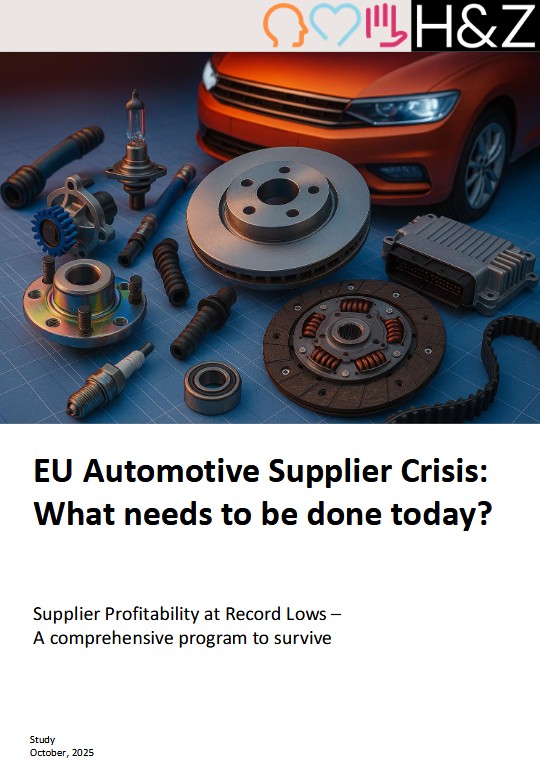 Screenshot of H&Z article titled 'EU Automotive Supplier Crisis: What needs to be done today?' featuring automotive parts and text about supplier profitability and survival strategies, representing industry insights and consulting analysis