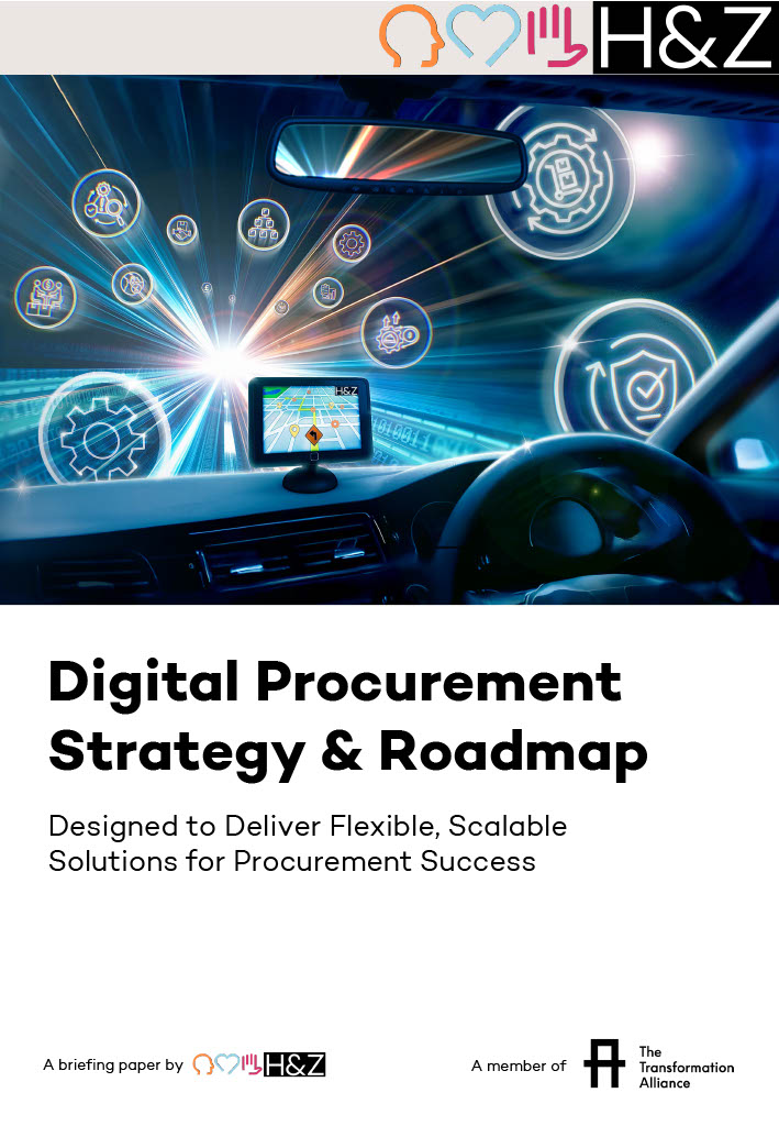 Digital procurement strategy and roadmap concept illustrated with a futuristic car dashboard and glowing icons representing scalable and flexible solutions for procurement success in consulting.