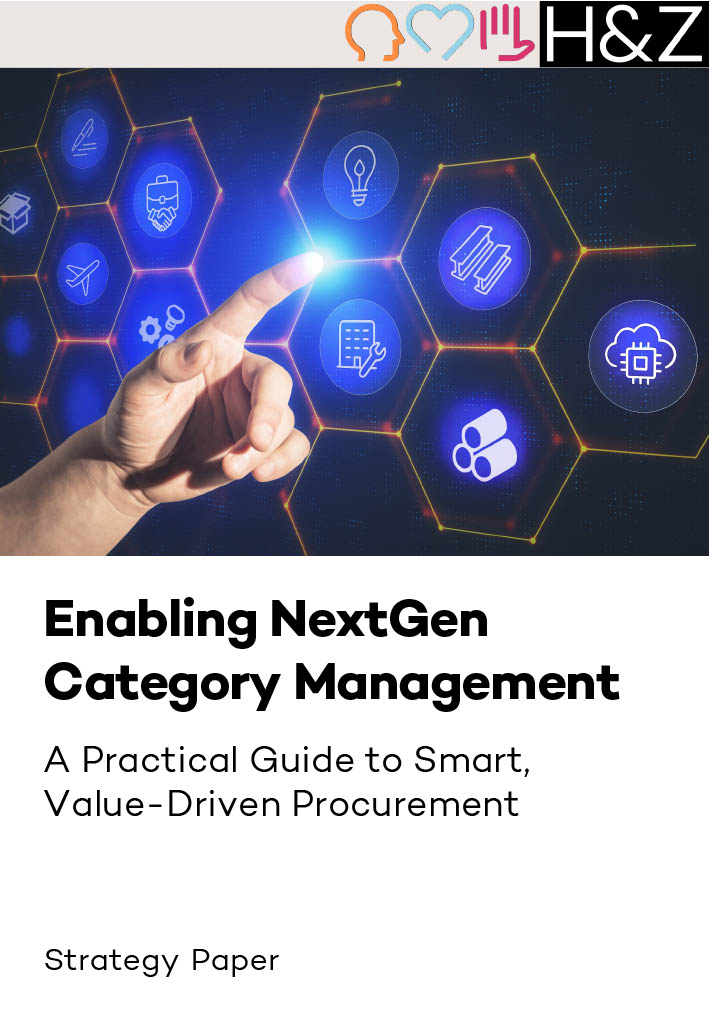 Hand pointing to digital hexagonal icons representing next‑generation category management, highlighting smart, value-driven procurement strategies and digital transformation in consulting.