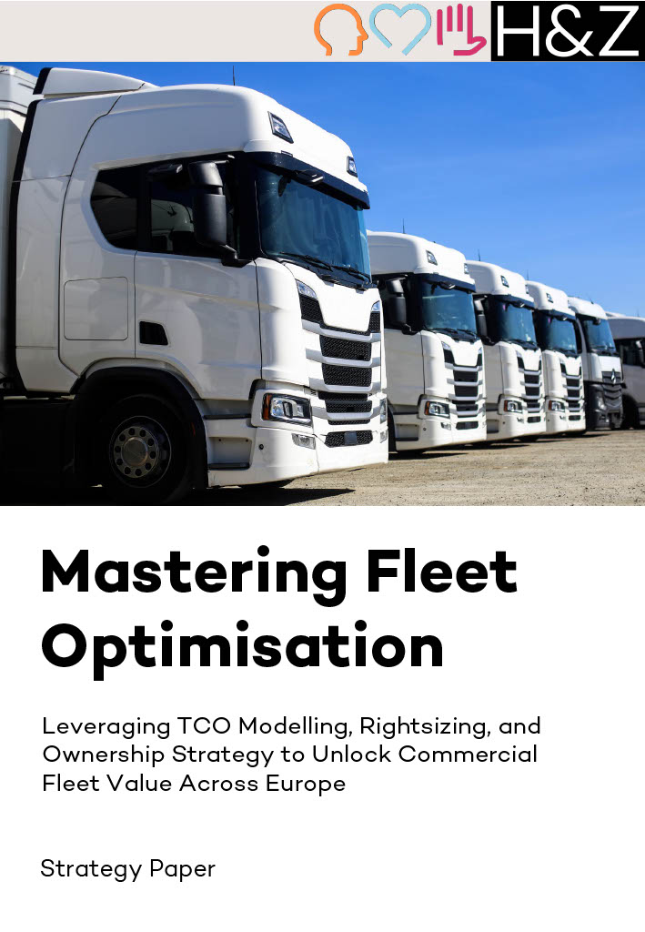 Strategy paper cover showing a row of white commercial trucks representing fleet optimisation, cost modelling, rightsizing, and ownership strategy in consulting.