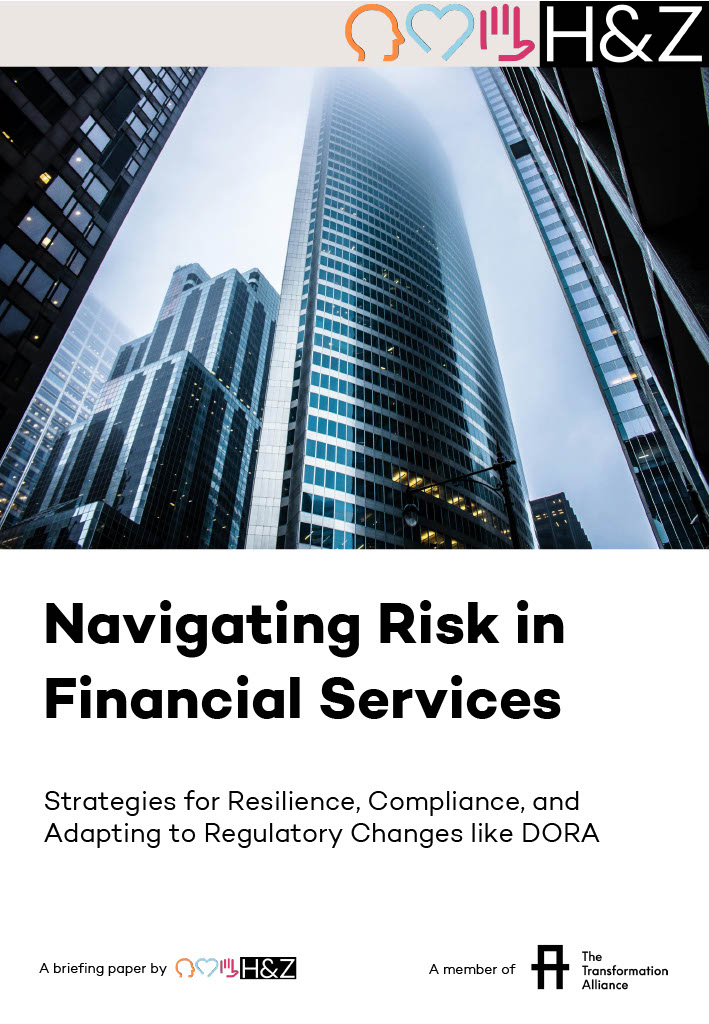Skyscrapers representing the financial services industry paired with the title “Navigating Risk in Financial Services”, highlighting strategies for resilience, compliance, and adapting to regulatory changes like DORA in consulting.