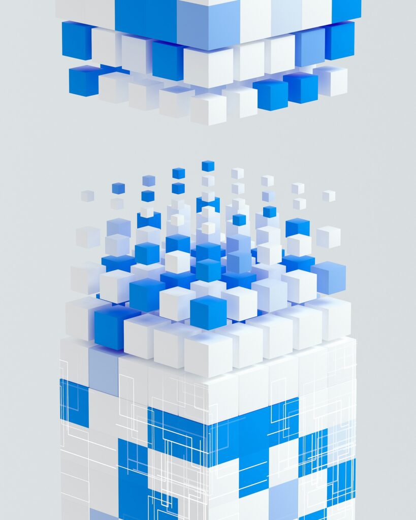Abstract 3D illustration of blue and white cubes disassembling from a larger block, representing data management, modular architecture and digital transformation consulting.