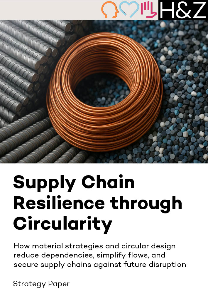 Strategy paper cover depicting a coiled copper wire and metal rods symbolizing supply chain resilience through circularity and material strategies.