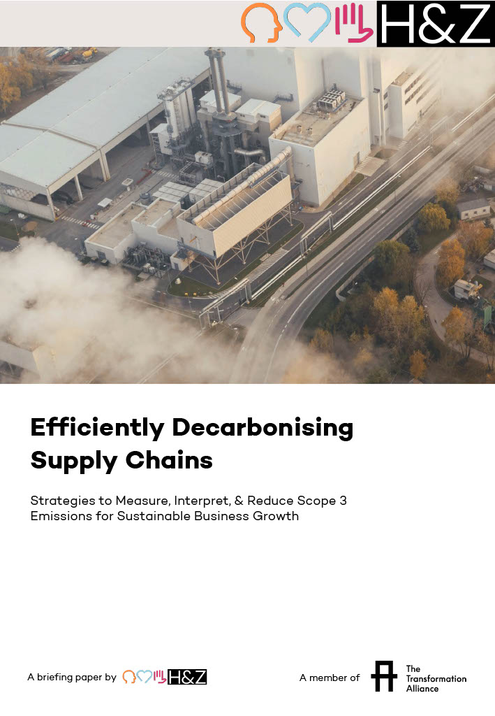 H&Z briefing cover titled 'Efficiently Decarbonising Supply Chains' featuring an aerial view of an industrial plant with smoke, representing consulting insights into sustainable supply chain strategies.