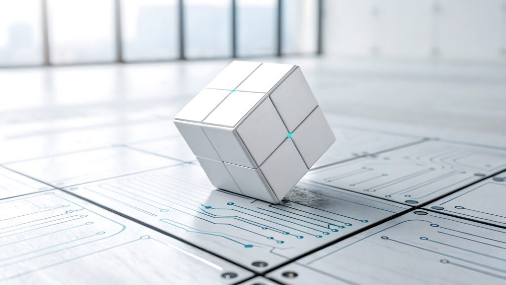 Futuristic white cube on a circuit diagram symbolizing innovative tech solutions and strategic consulting services