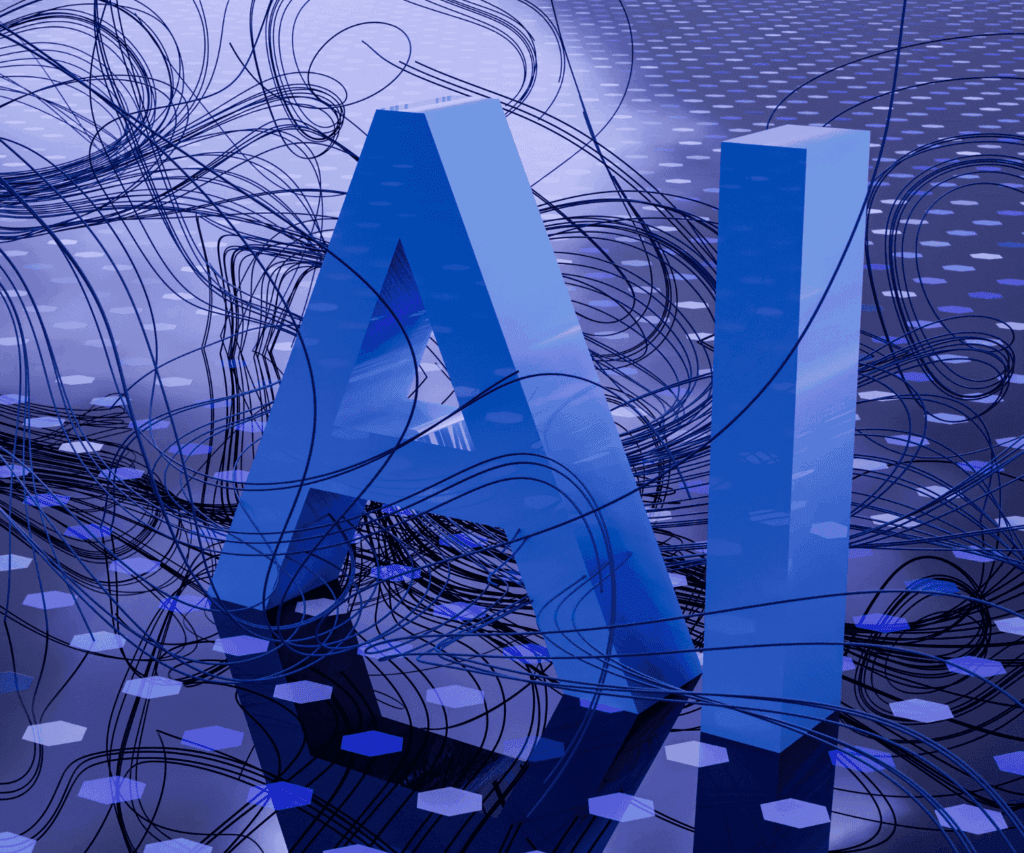 Large 3D letters AI surrounded by swirling cables and digital hexagonal patterns, representing artificial intelligence, data networks, and high-tech innovation in consulting services.