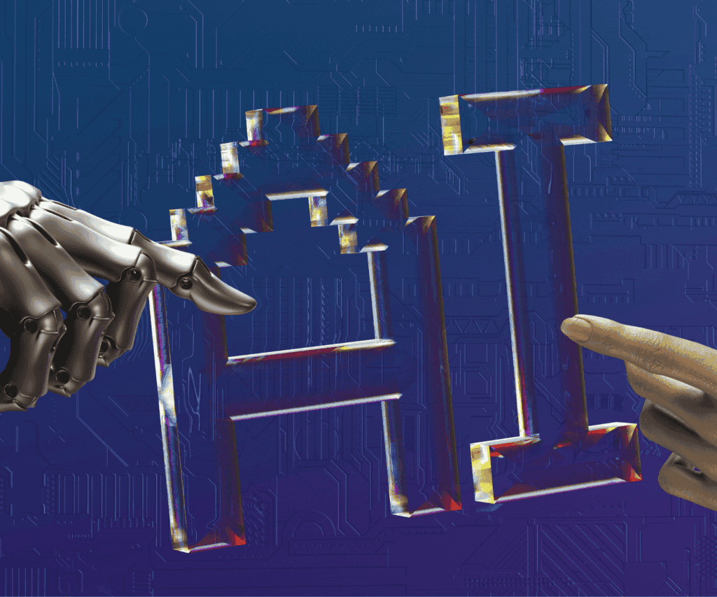 3D AI letters on a circuit board with robotic and human hands collaborating, symbolizing technology and consulting partnership