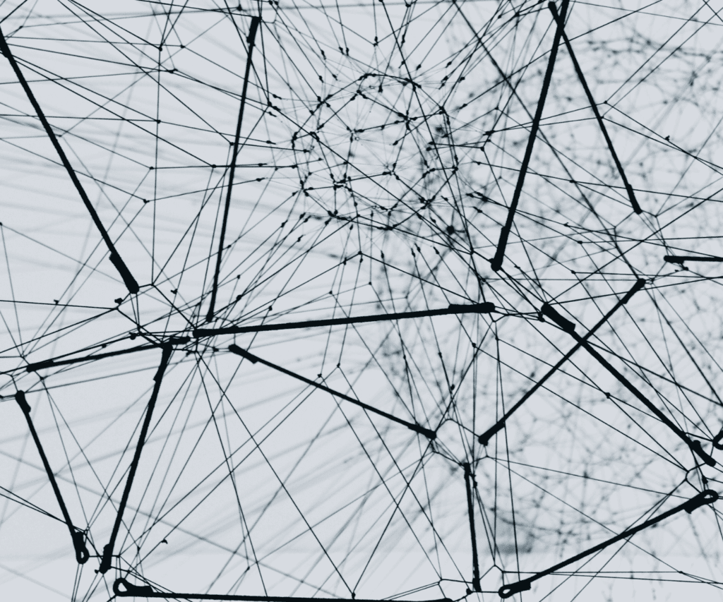 Abstract network of interconnected lines and nodes forming a complex web on a white background, symbolizing connectivity, systems thinking, and the intricate relationships involved in consulting and digital transformation.
