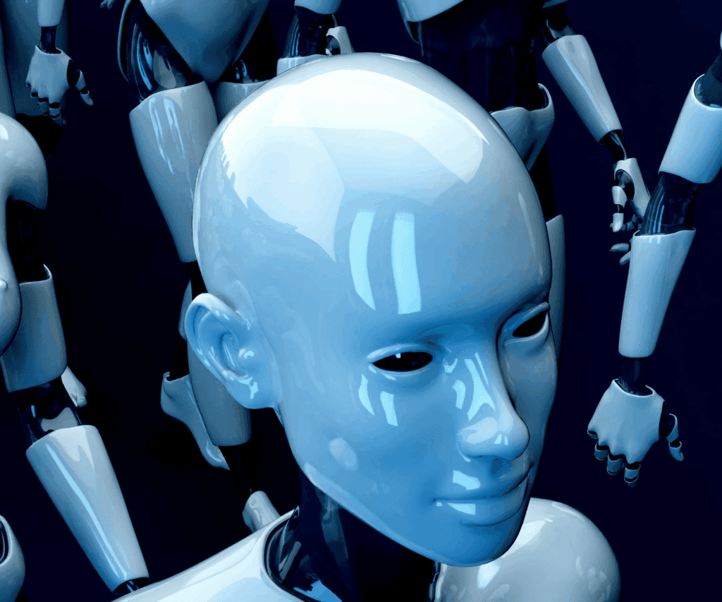 3D rendered close-up of a glossy blue humanoid robot head with mechanical limbs in the background, illustrating artificial intelligence, robotics and future technology for innovation consulting