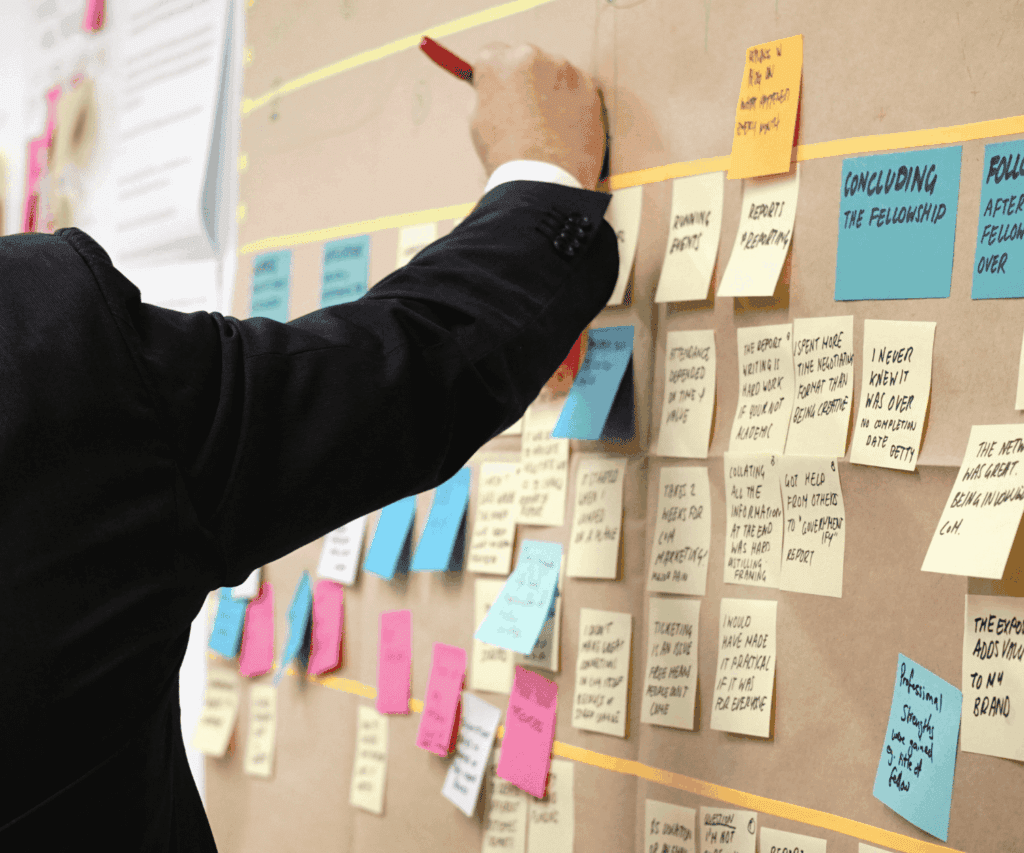 Business professional planning on a wall covered in colorful sticky notes, illustrating brainstorming and project management in a consulting context.