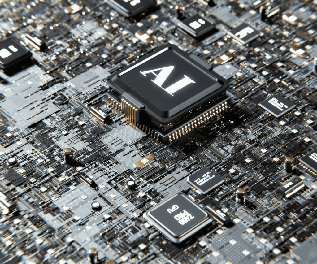 Macro view of a computer circuit board featuring a prominent AI microchip among various integrated circuits, representing artificial intelligence and high-tech innovation in consulting.