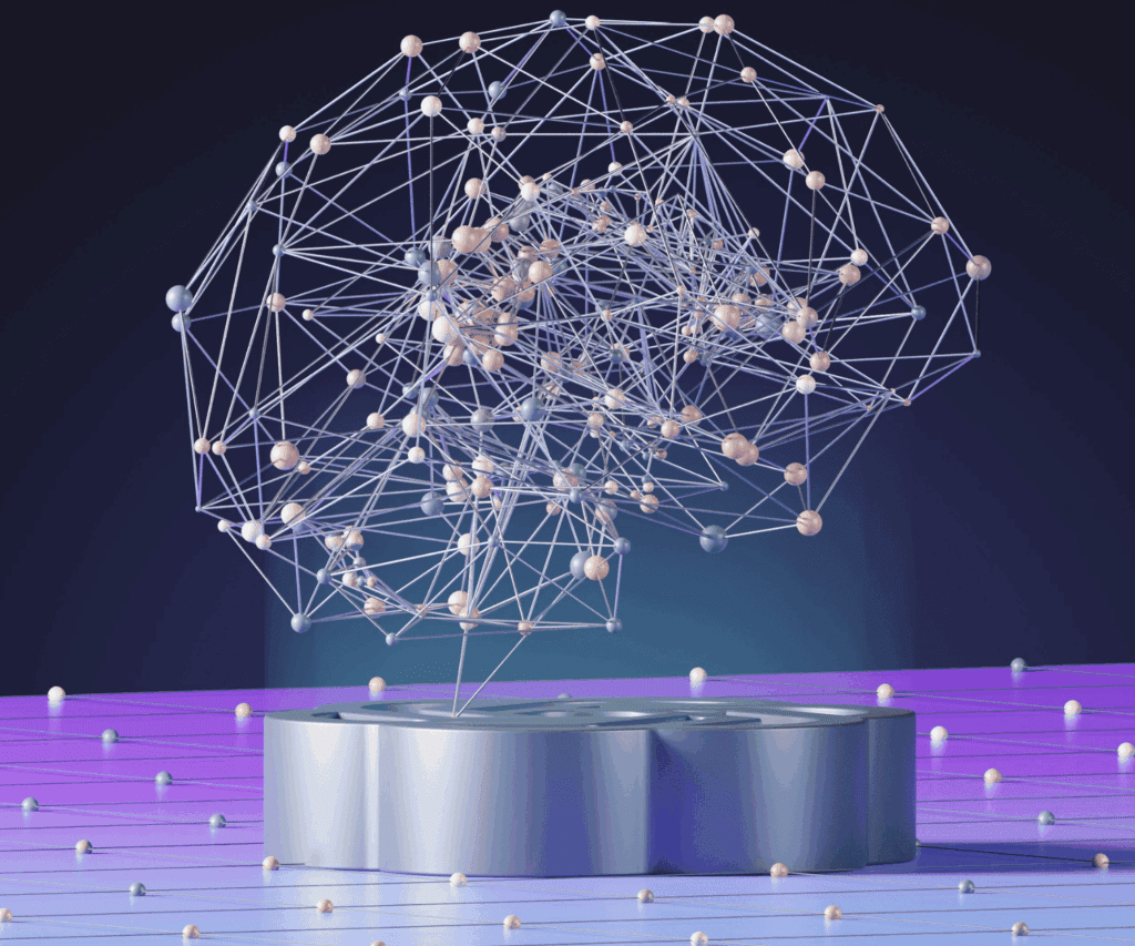 Abstract 3D neural network of interconnected nodes forming a brain-like structure above a pedestal, symbolizing artificial intelligence, neural networks and digital innovation in consulting and business transformation