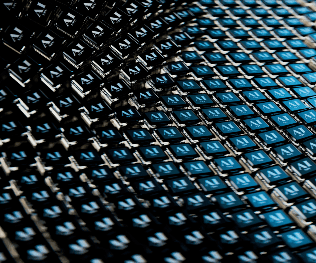 Array of AI microchips arranged in a grid pattern, symbolizing artificial intelligence computing hardware, machine learning technology and digital innovation in modern consulting projects