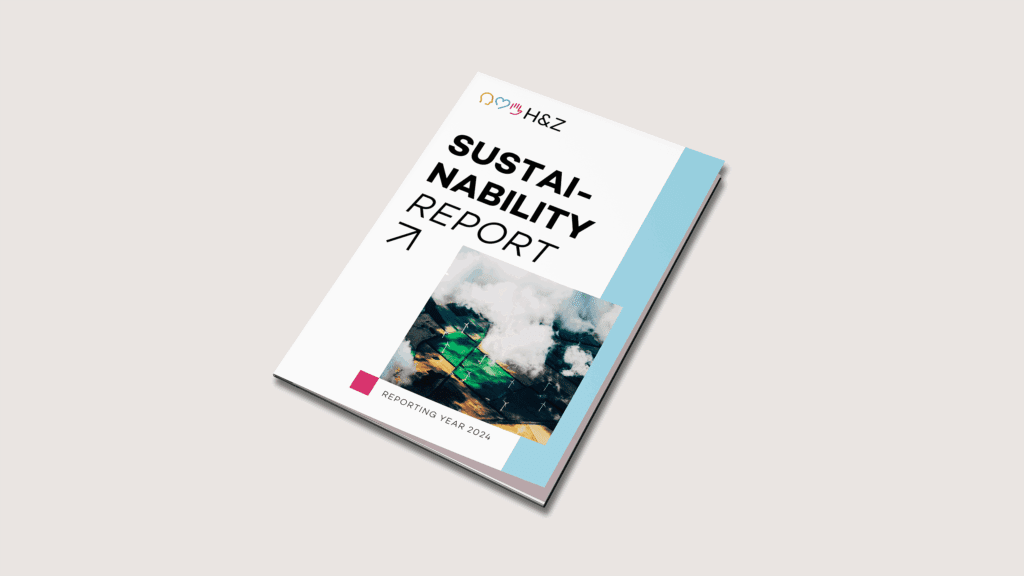 Cover mockup of H&Z sustainability report featuring modern design with landscape photo, symbolizing our consultancy's commitment to sustainable business practices.