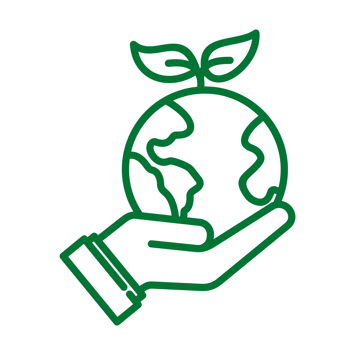 Green line icon of a hand holding a globe with sprouting leaves, representing sustainability and environmental consulting.