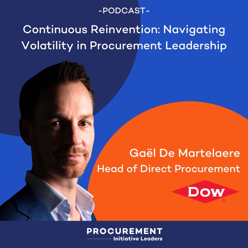 Podcast cover graphic featuring the title 'Continuous Reinvention: Navigating Volatility in Procurement Leadership' with a silhouette of a professional and abstract shapes in blue and orange, illustrating thought leadership content for a consulting firm.