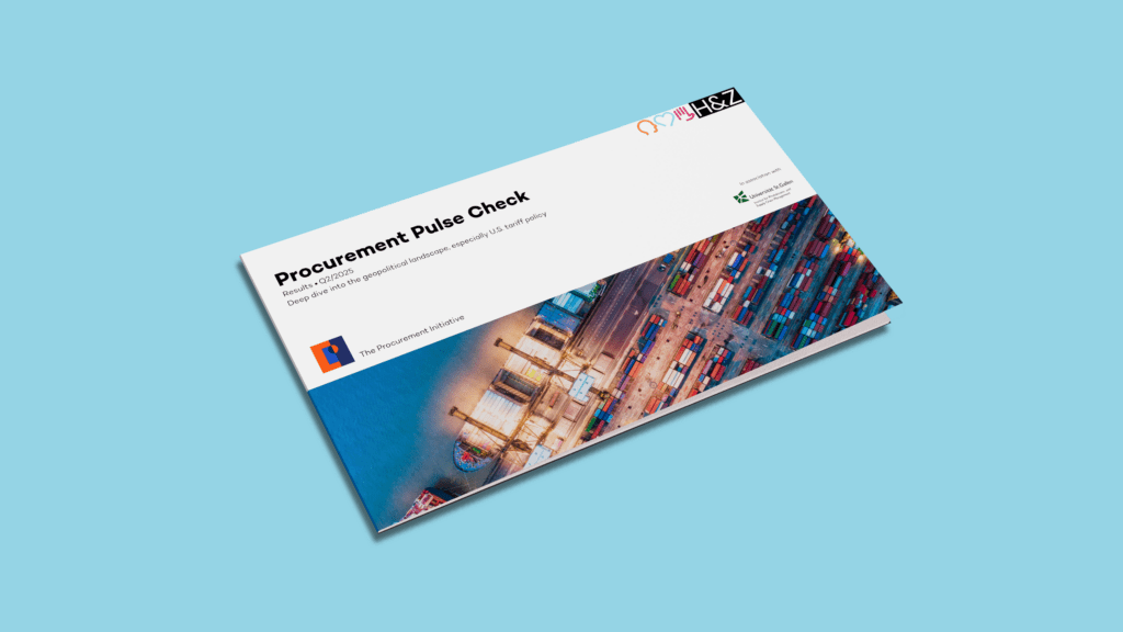 Graphic of a procurement pulse check report featuring a modern blue and white design with an aerial photo of cargo containers on the cover, representing research insights in procurement consulting.