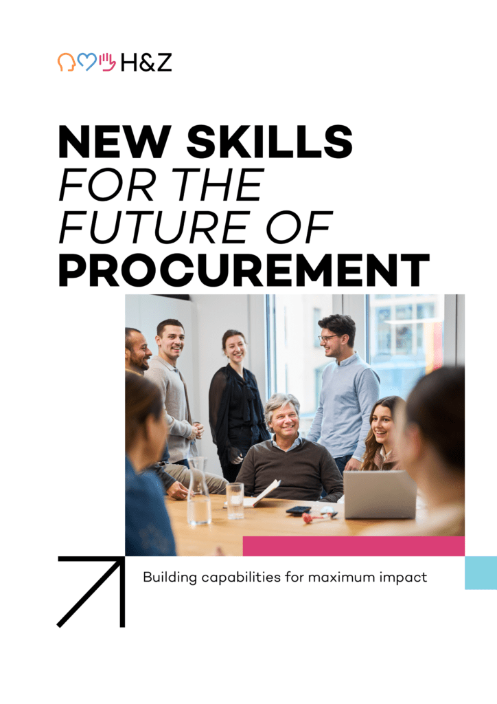 Cover design for a guide on new skills for the future of procurement, featuring a bold headline, the H&Z logo and a photo of professionals in a modern office collaborating at a table, highlighting capability building and strategic impact.