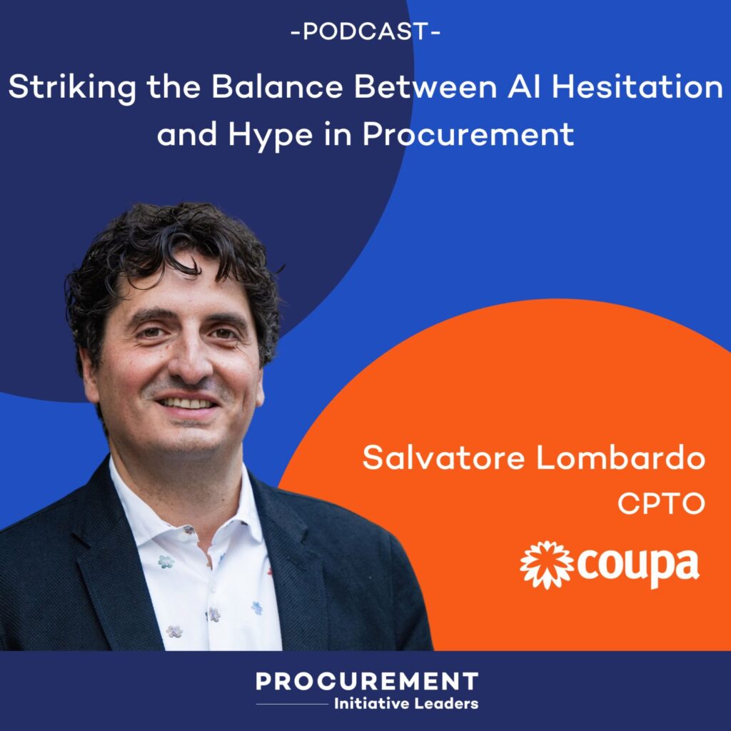 Podcast promotional graphic about balancing AI hesitation and hype in procurement, featuring a professional man and colorful abstract shapes