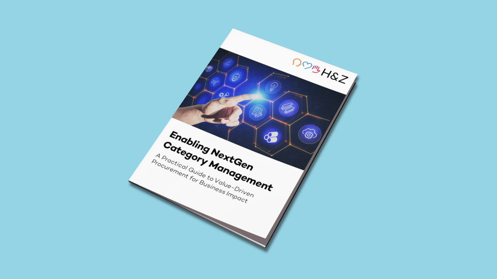 3D mockup of a guide booklet titled "Enabling NextGen Category Management" featuring a hand touching glowing hexagonal icons on the cover, set against a light blue background