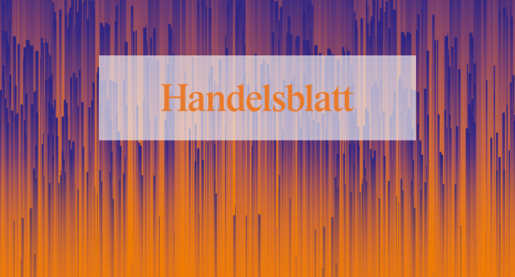 Handelsblatt media logo on an orange and violet vertical glitch pattern background | H&Z