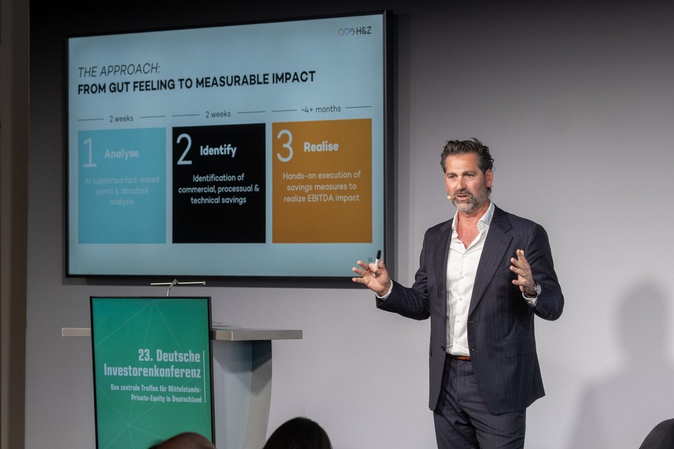 Man presenting an H&Z slide on measurable impact at the 23rd Deutsche Investorenkonferenz | H&Z