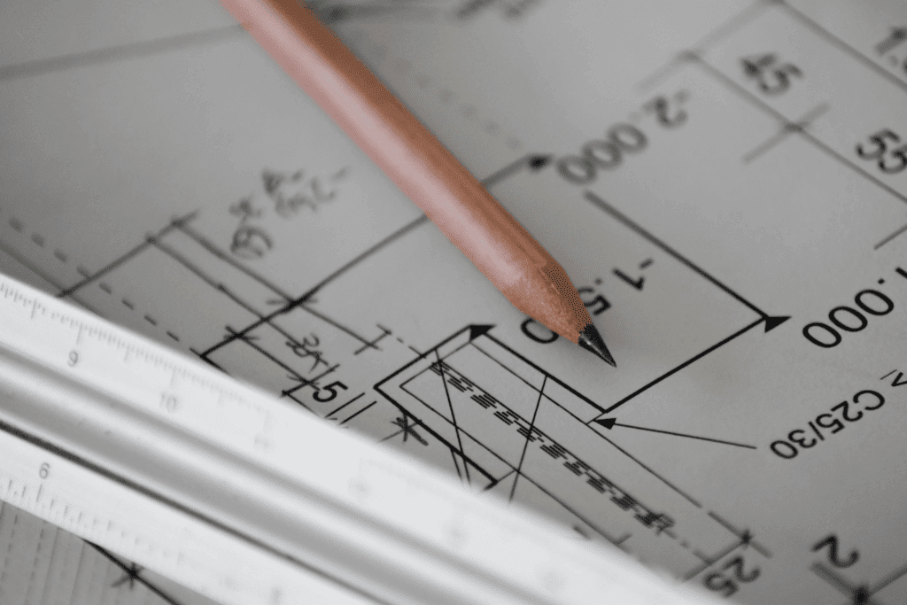 Engineering drawing with pencil and metal ruler, representing design and technical planning | H&Z