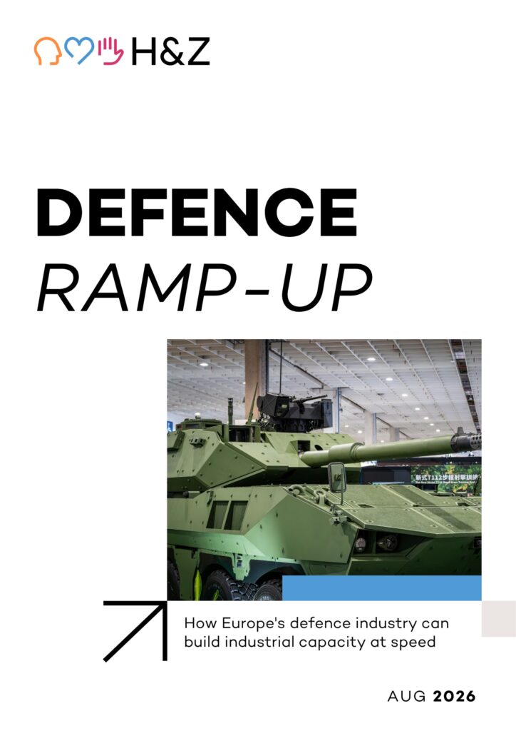 Cover of the H&Z strategy paper Defence Ramp-Up 2026, showing an armoured wheeled vehicle on a production line