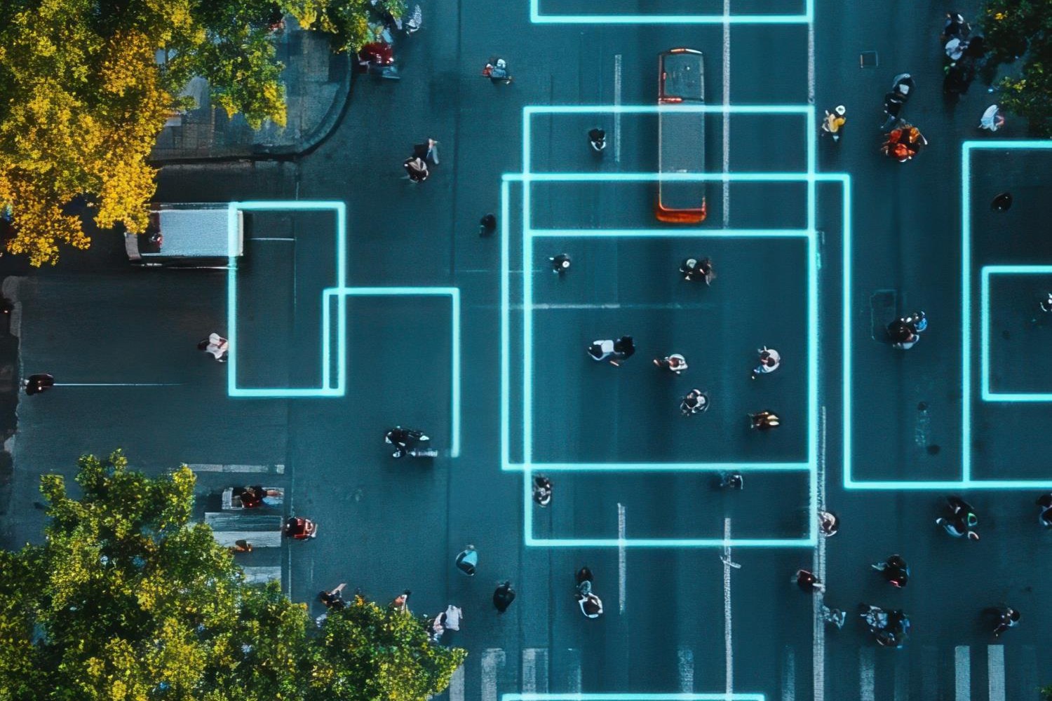 Aerial view of a city intersection with pedestrians and highlighted data zones