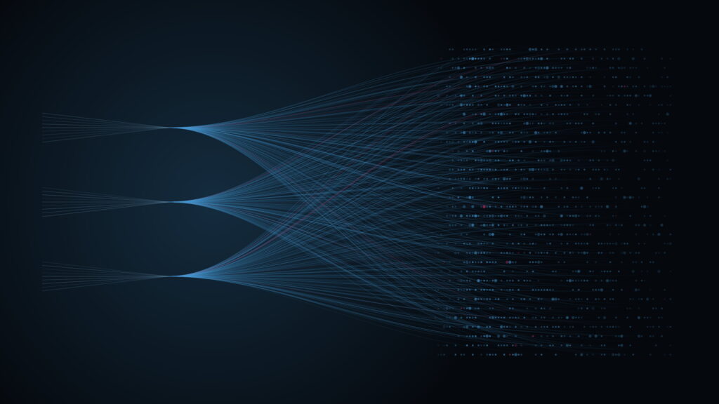 Data streams converging into three nodes and fanning out into a scattered field, symbolising the gap between AI ambition and impact | H&Z
