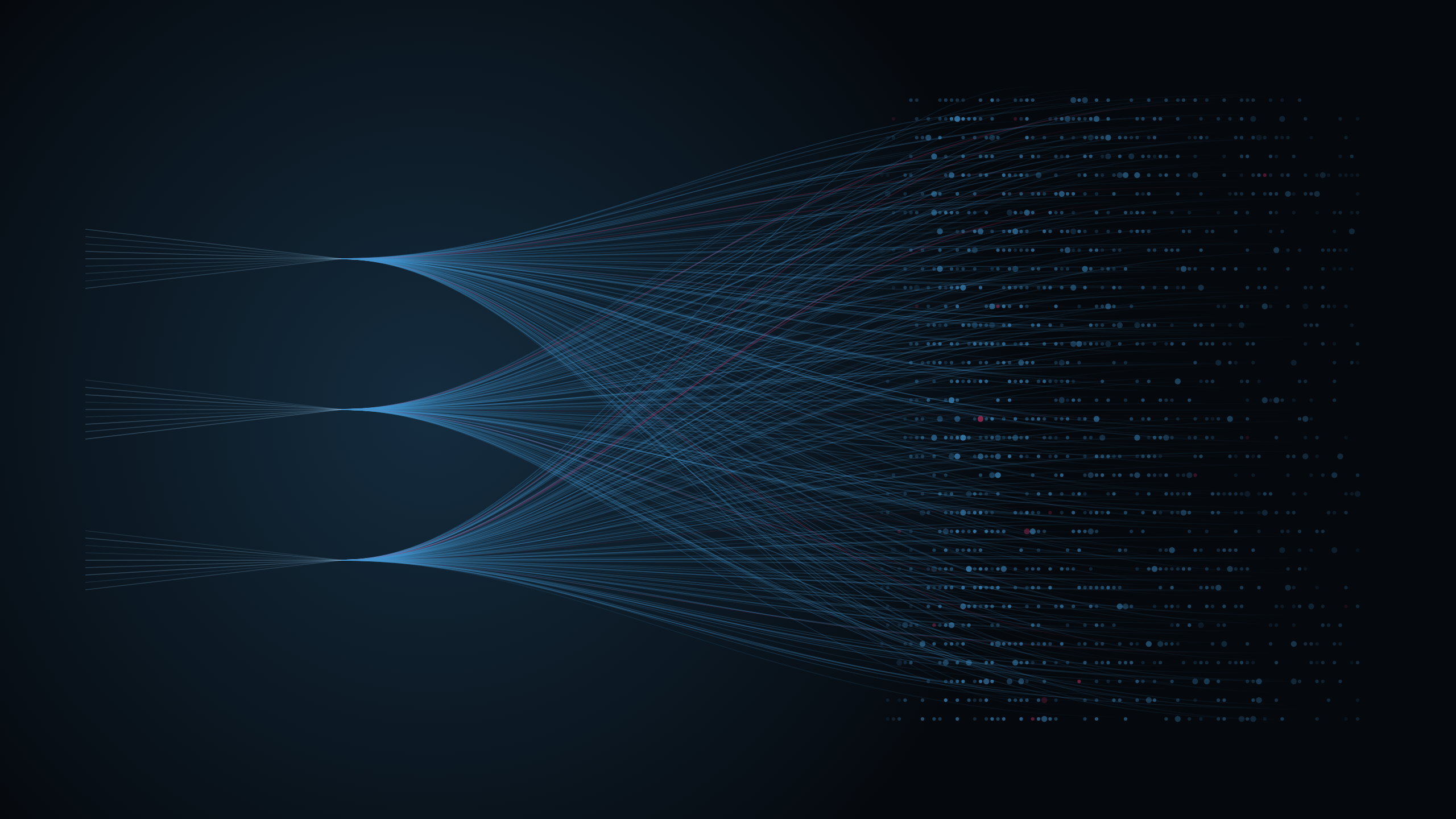 Data streams converging into three nodes and fanning out into a scattered field, symbolising the gap between AI ambition and impact | H&Z