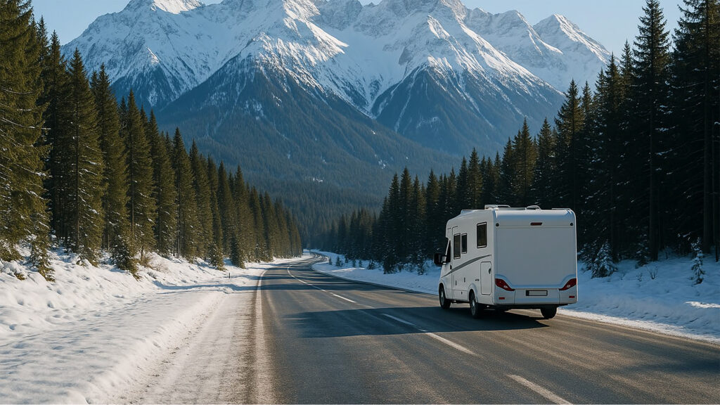 Motorhome driving on a winter mountain road through a snowy forest