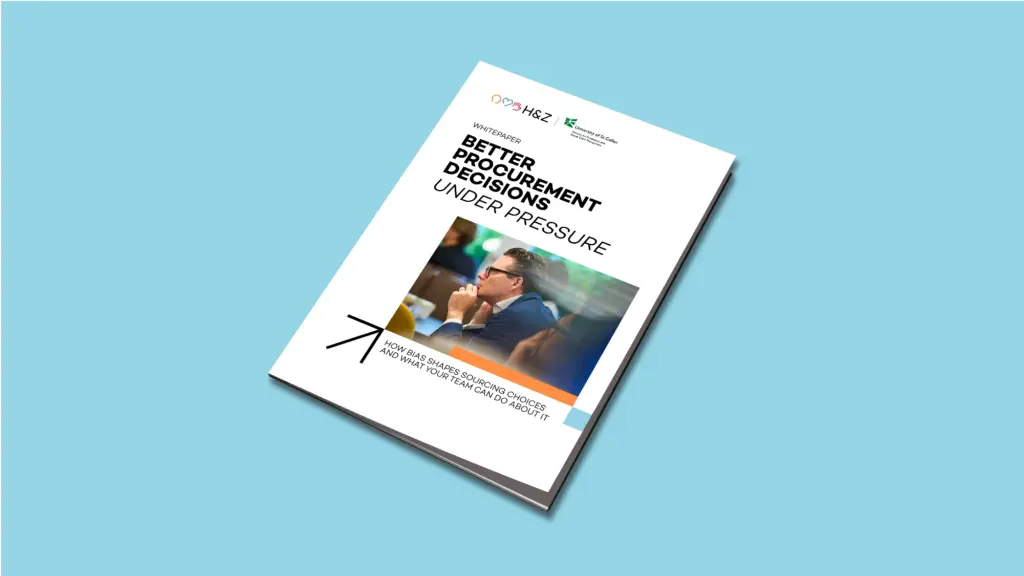 Mockup of the H&Z and University of St.Gallen whitepaper Better Procurement Decisions Under Pressure on a light blue background