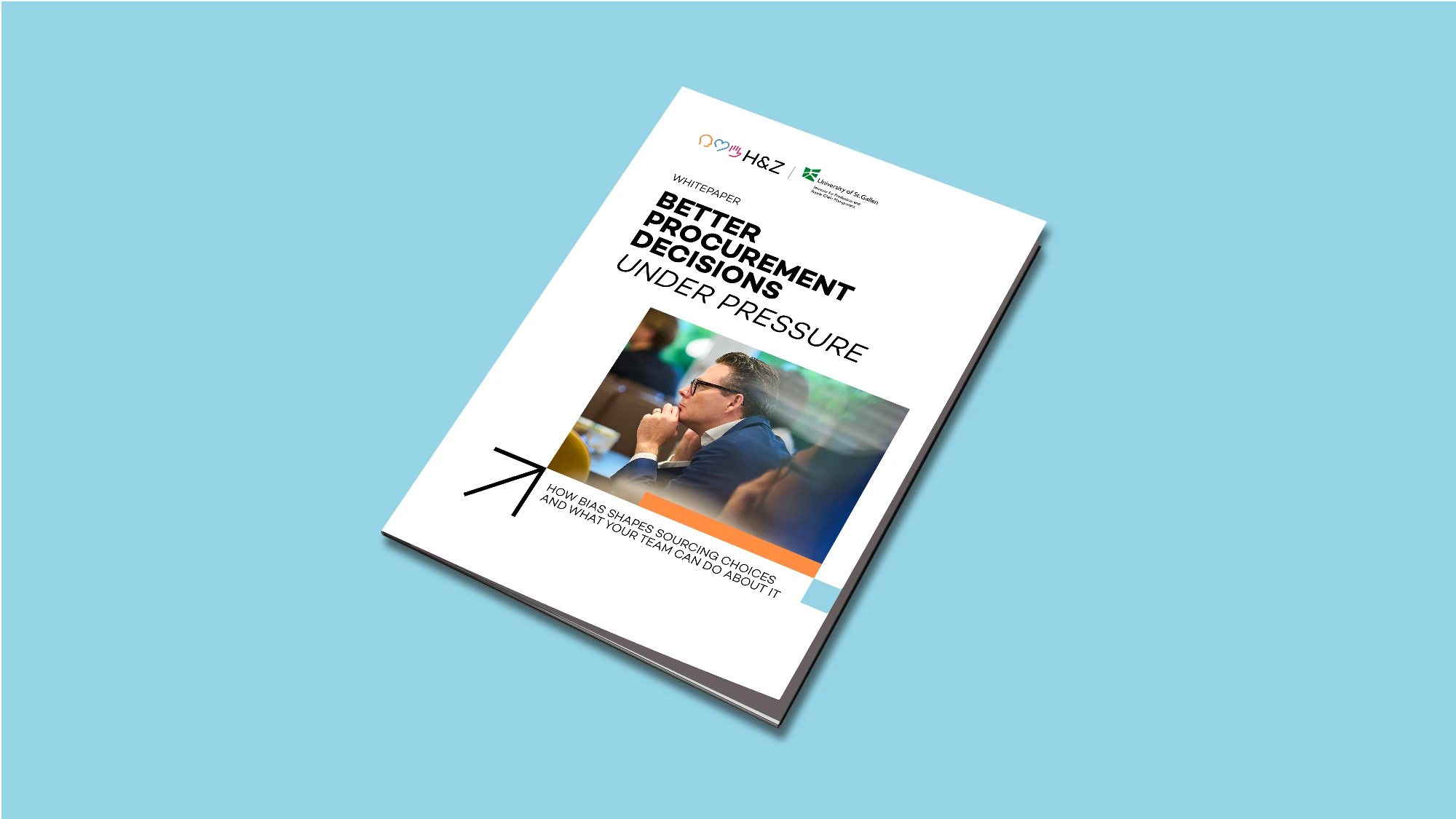 Mockup of the H&Z and University of St.Gallen whitepaper Better Procurement Decisions Under Pressure on a light blue background