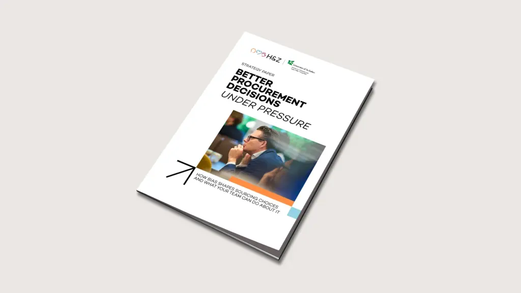 Mockup of the H&Z and University of St.Gallen strategy paper Better Procurement Decisions Under Pressure on a light blue background