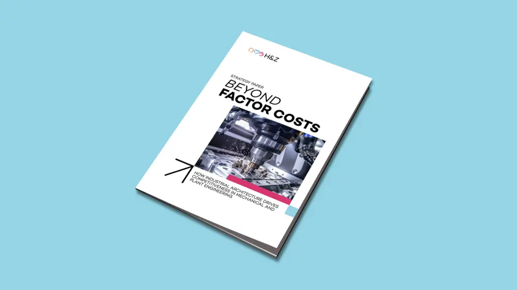 Mockup of the H&Z strategy paper Beyond Factor Costs on a light blue background