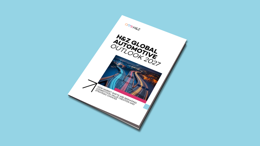 Mockup of the H&Z Global Automotive Outlook 2027 study on a light blue background
